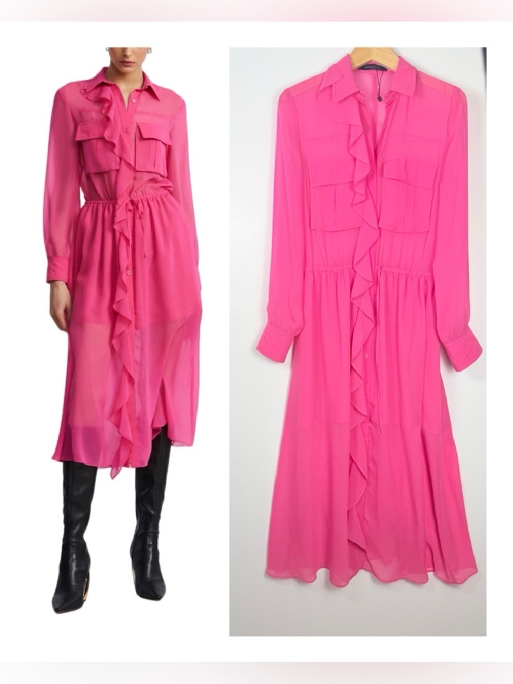 BCBGMaxAzria Hot Pink Ruffle-Front Midi Shirt Dress